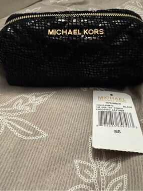 Michael Kors Susannah Black Embossed Leather Cosmetic Pouch Gold Hardware NWT
